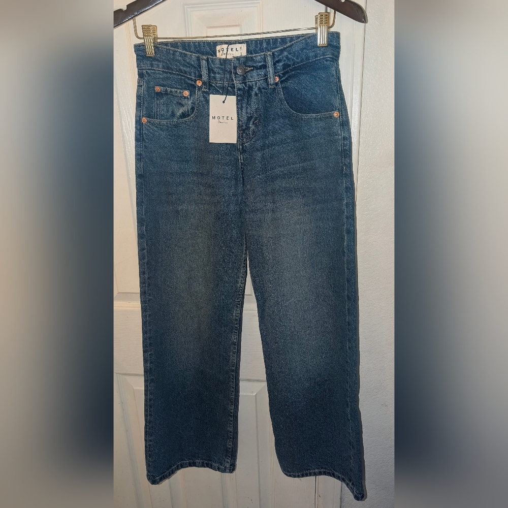 Motel Denim Women's Bright Blue Low Rise Parallel Wide Leg Jeans(NWT!) - Picture 4 of 6